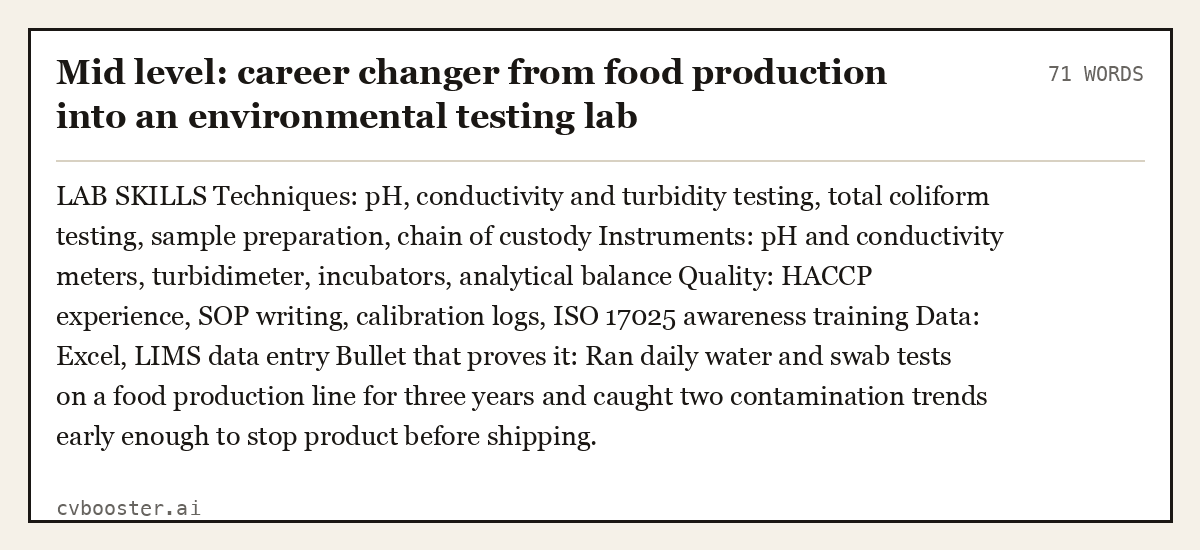 Complete Mid level: career changer from food production into an environmental testing lab example, 71 words, laid out as it would sit in the application form