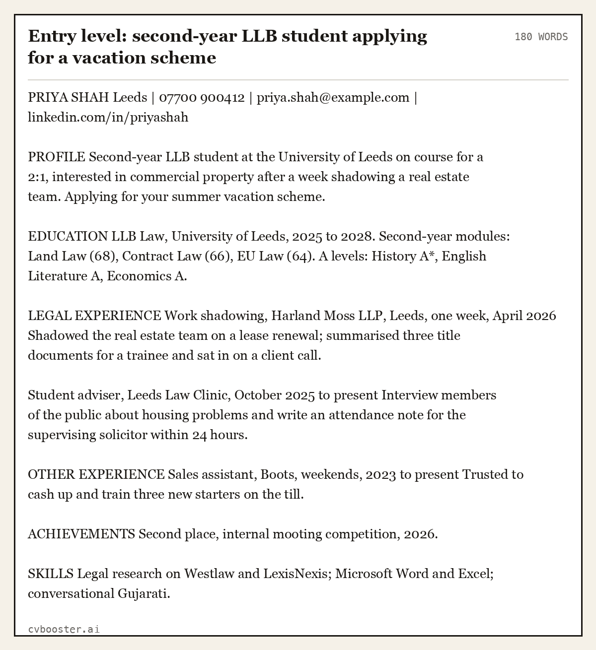 Complete Entry level: second-year LLB student applying for a vacation scheme example, 180 words, laid out as it would sit in the application form