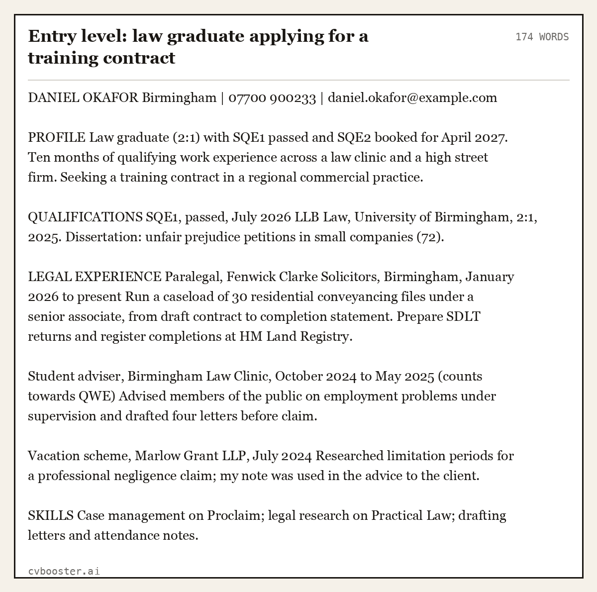 Complete Entry level: law graduate applying for a training contract example, 174 words, laid out as it would sit in the application form