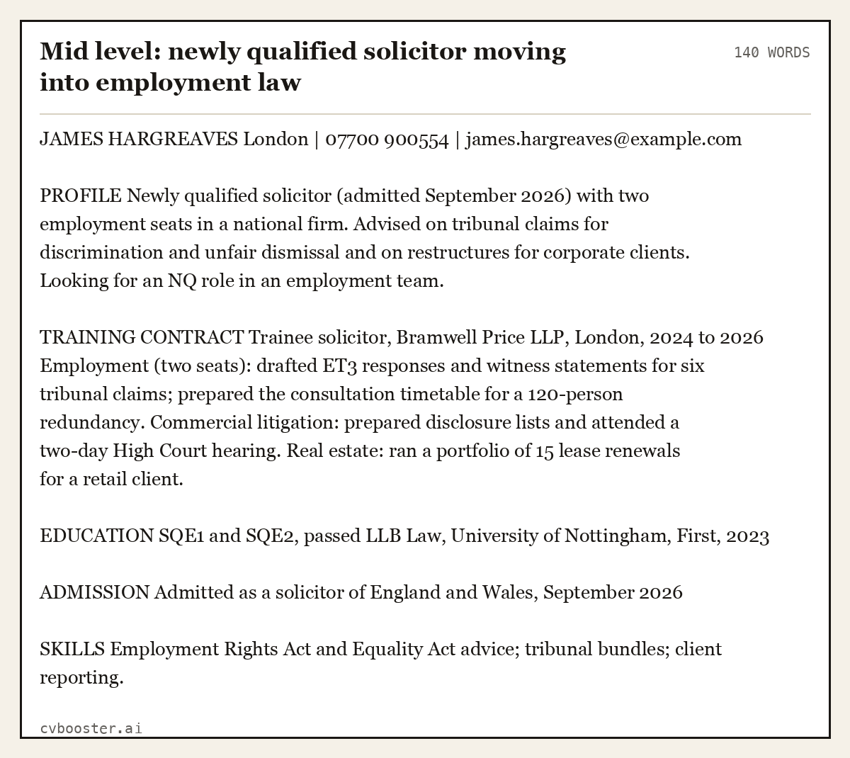 Complete Mid level: newly qualified solicitor moving into employment law example, 140 words, laid out as it would sit in the application form