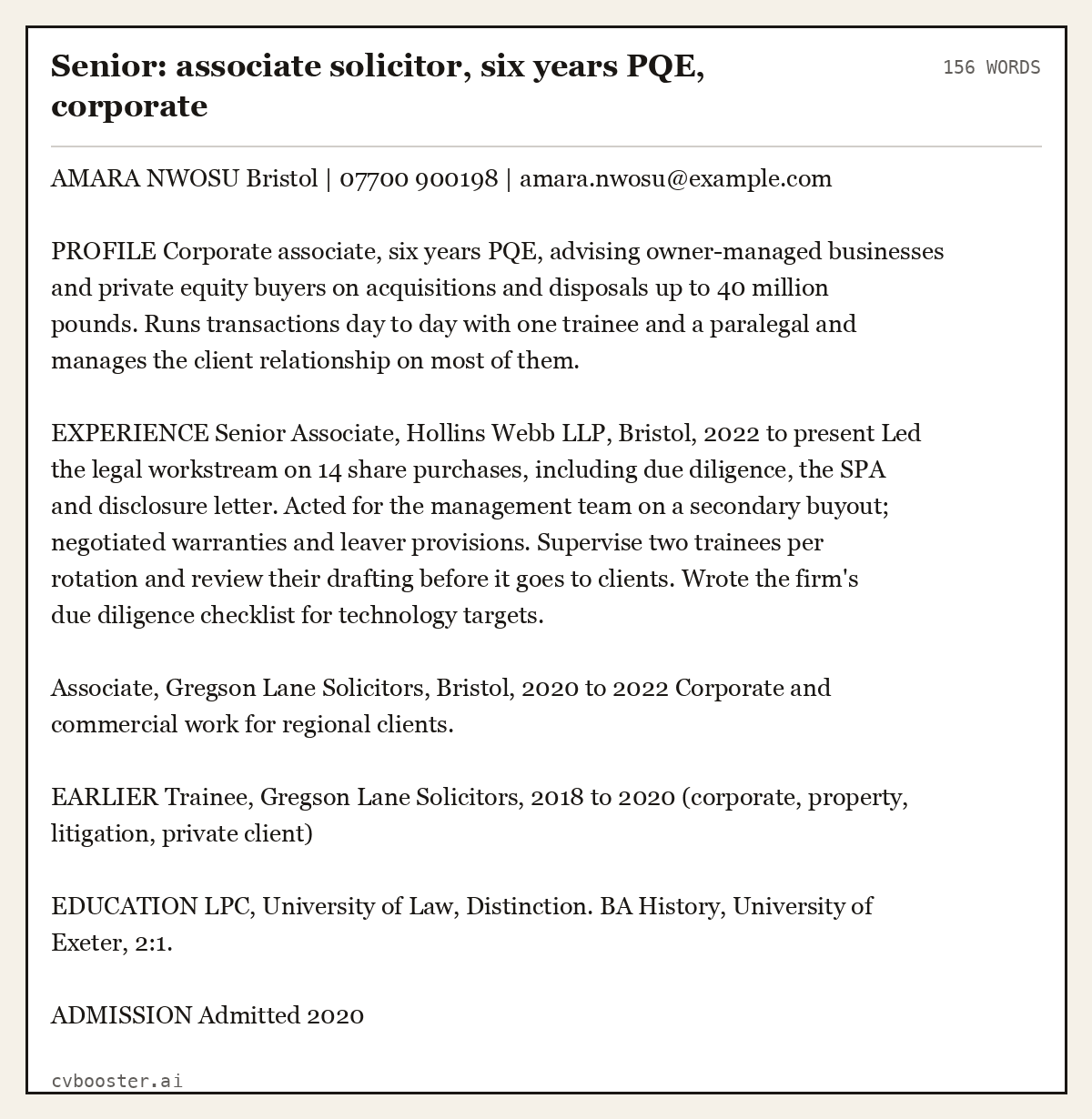 Complete Senior: associate solicitor, six years PQE, corporate example, 156 words, laid out as it would sit in the application form