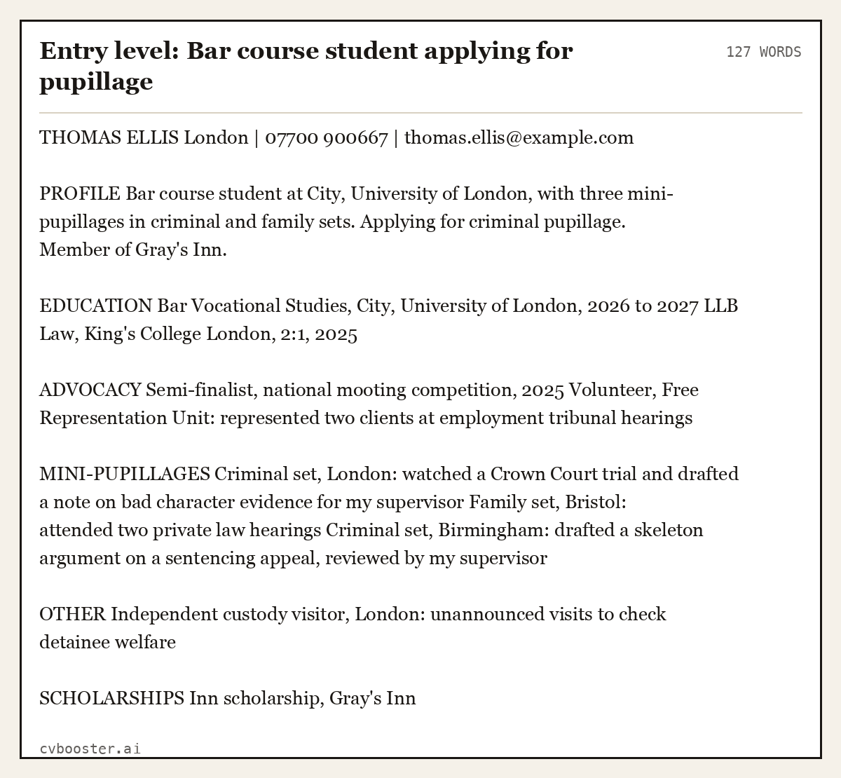 Complete Entry level: Bar course student applying for pupillage example, 127 words, laid out as it would sit in the application form