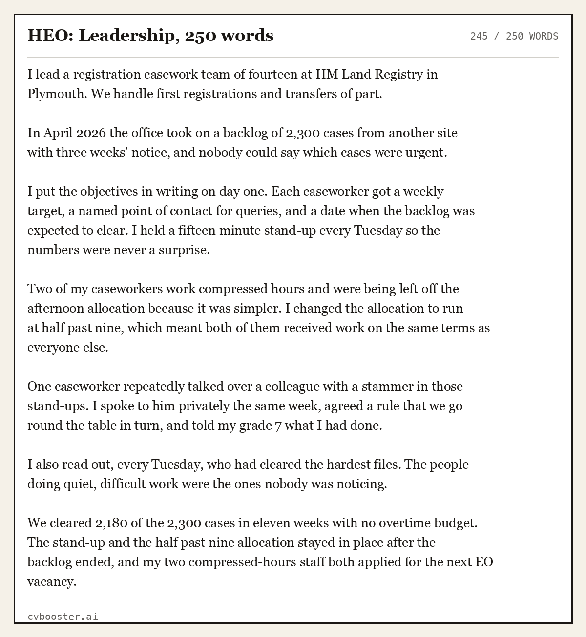 Complete HEO: Leadership example, 245 words, laid out as it would sit in the application form