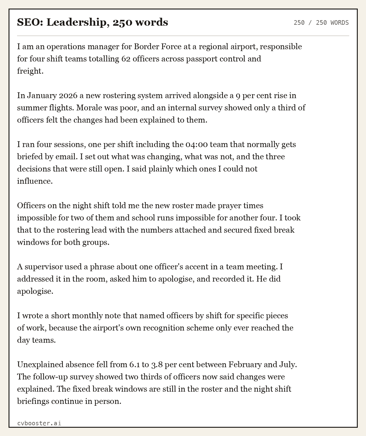 Complete SEO: Leadership example, 250 words, laid out as it would sit in the application form