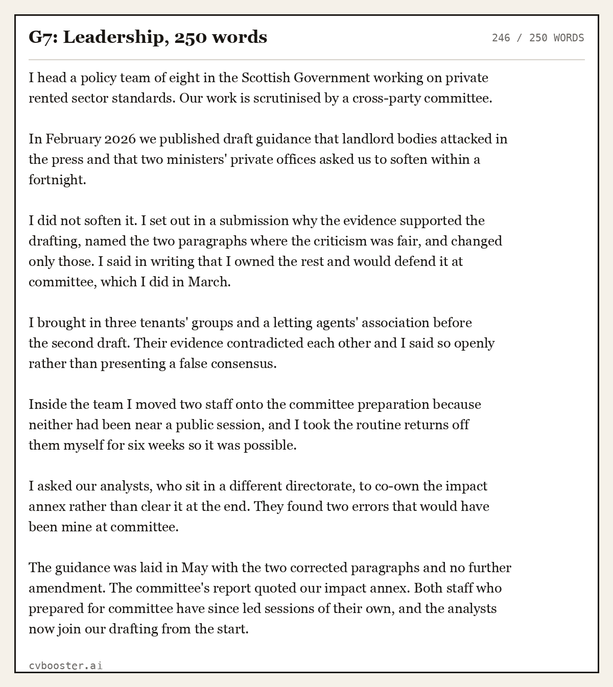 Complete G7: Leadership example, 246 words, laid out as it would sit in the application form