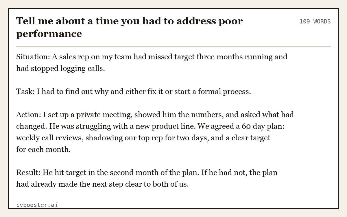 Full interview answer to "Tell me about a time you had to address poor performance", 109 words, labelled Situation, Task, Action, Result