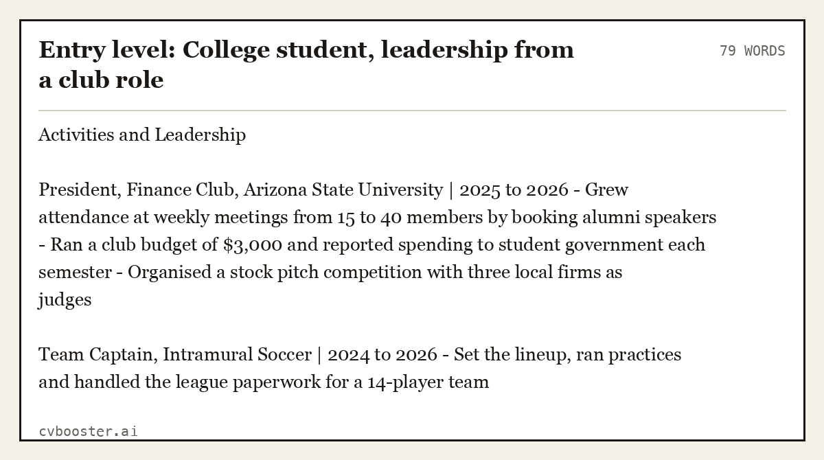 Complete Entry level: College student, leadership from a club role example, 79 words, laid out as it would sit in the application form