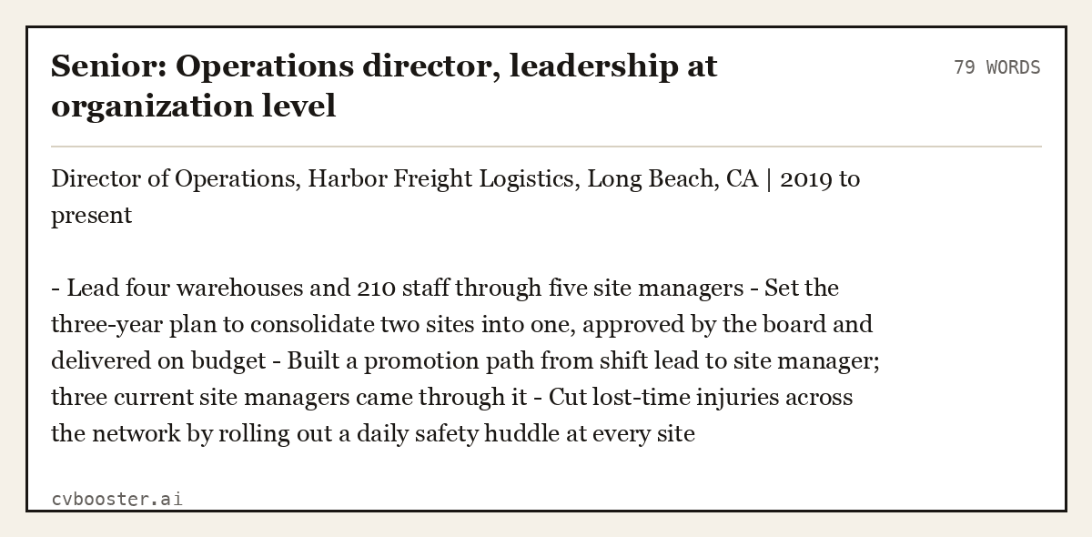 Complete Senior: Operations director, leadership at organization level example, 79 words, laid out as it would sit in the application form