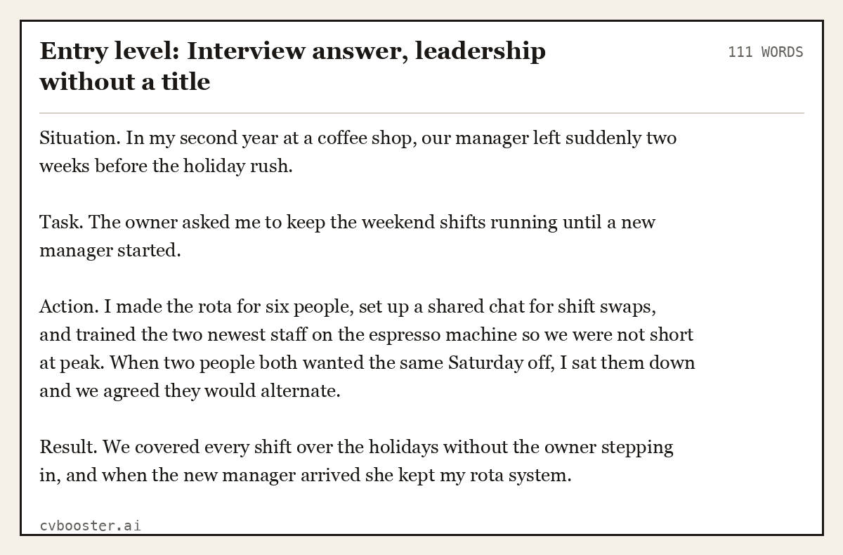 Complete Entry level: Interview answer, leadership without a title example, 111 words, laid out as it would sit in the application form