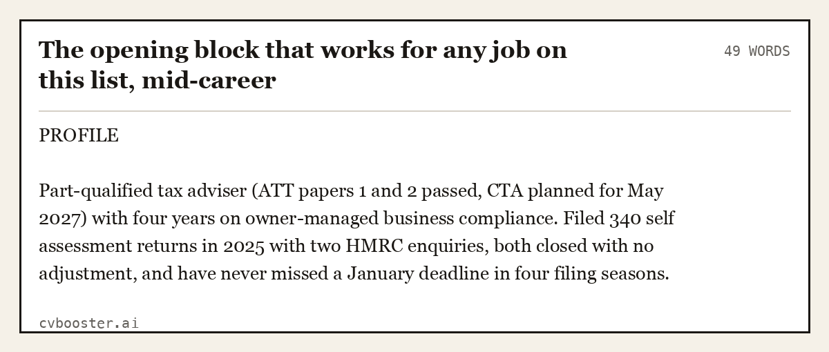 Complete The opening block that works for any job on this list, mid-career example, 49 words, laid out as it would sit in the application form