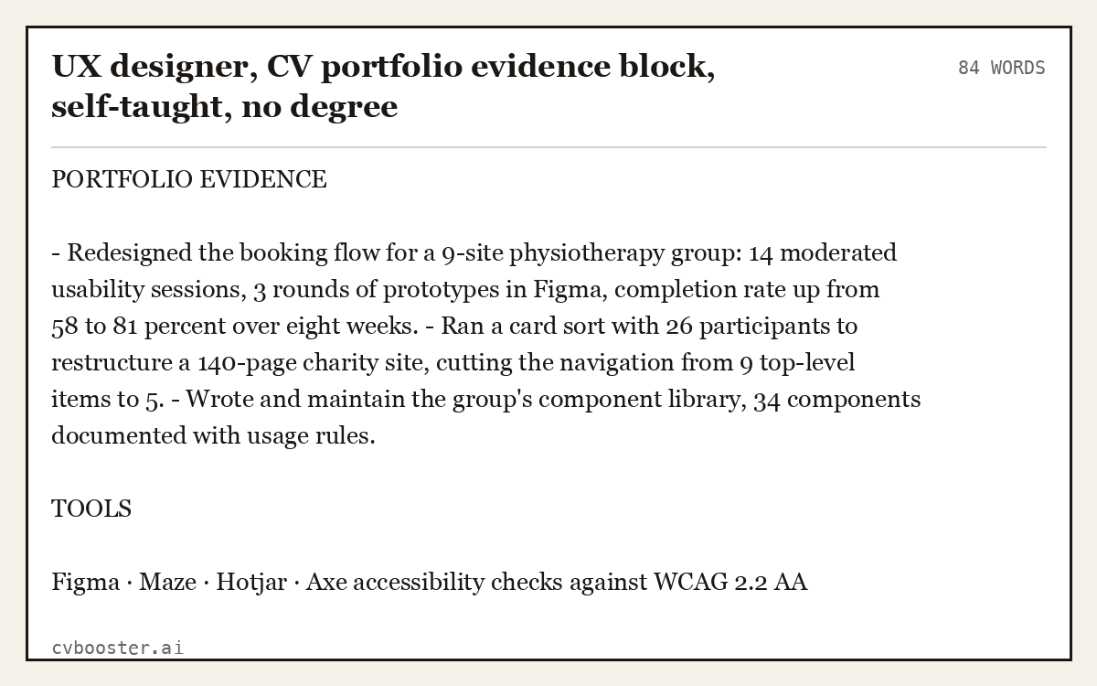 Complete UX designer, CV portfolio evidence block, self-taught, no degree example, 84 words, laid out as it would sit in the application form
