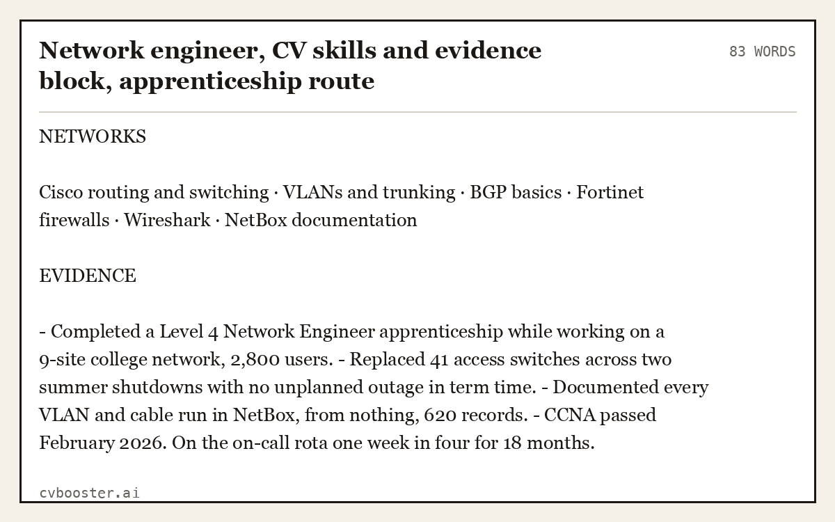 Complete Network engineer, CV skills and evidence block, apprenticeship route example, 83 words, laid out as it would sit in the application form