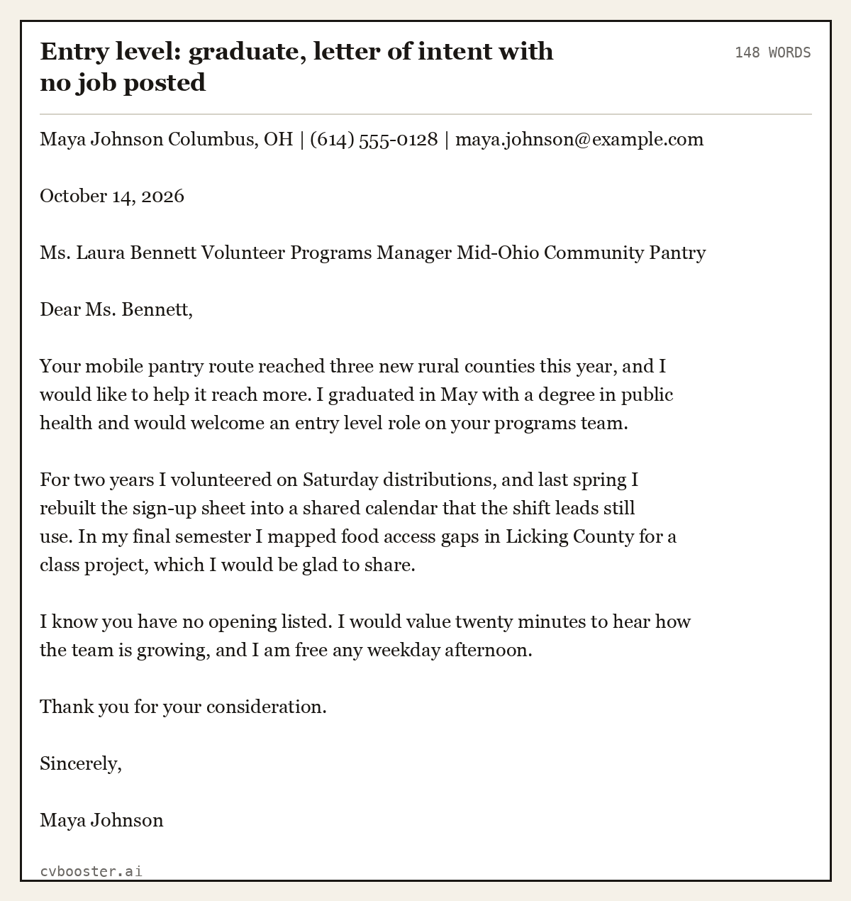 Complete Entry level: graduate, letter of intent with no job posted example, 148 words, laid out as it would sit in the application form