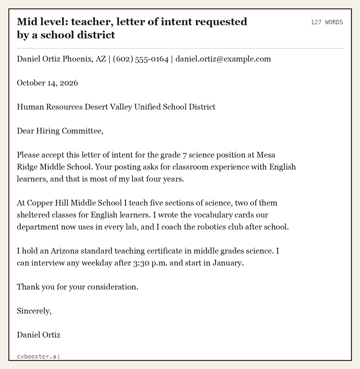 Complete Mid level: teacher, letter of intent requested by a school district example, 127 words, laid out as it would sit in the application form