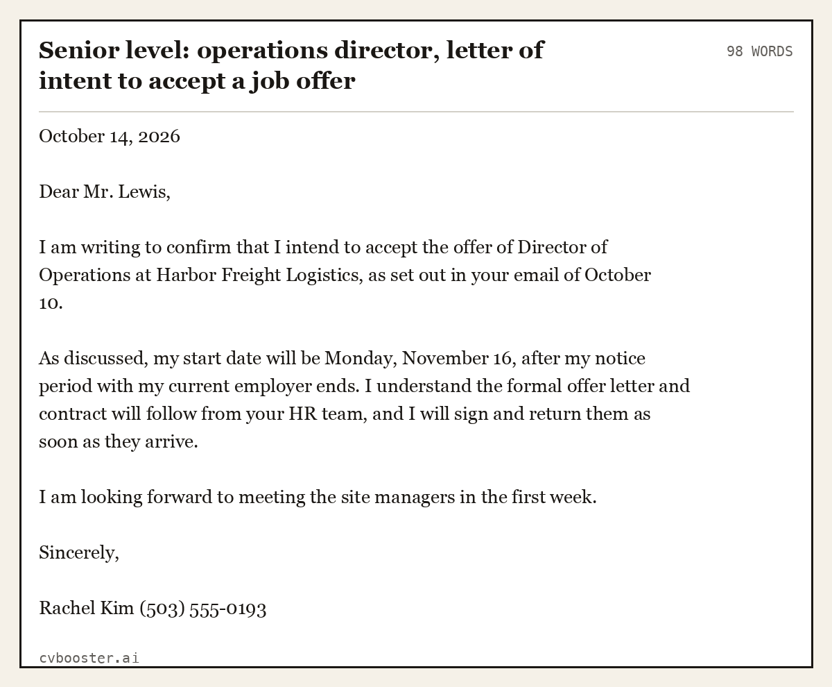 Complete Senior level: operations director, letter of intent to accept a job offer example, 98 words, laid out as it would sit in the application form