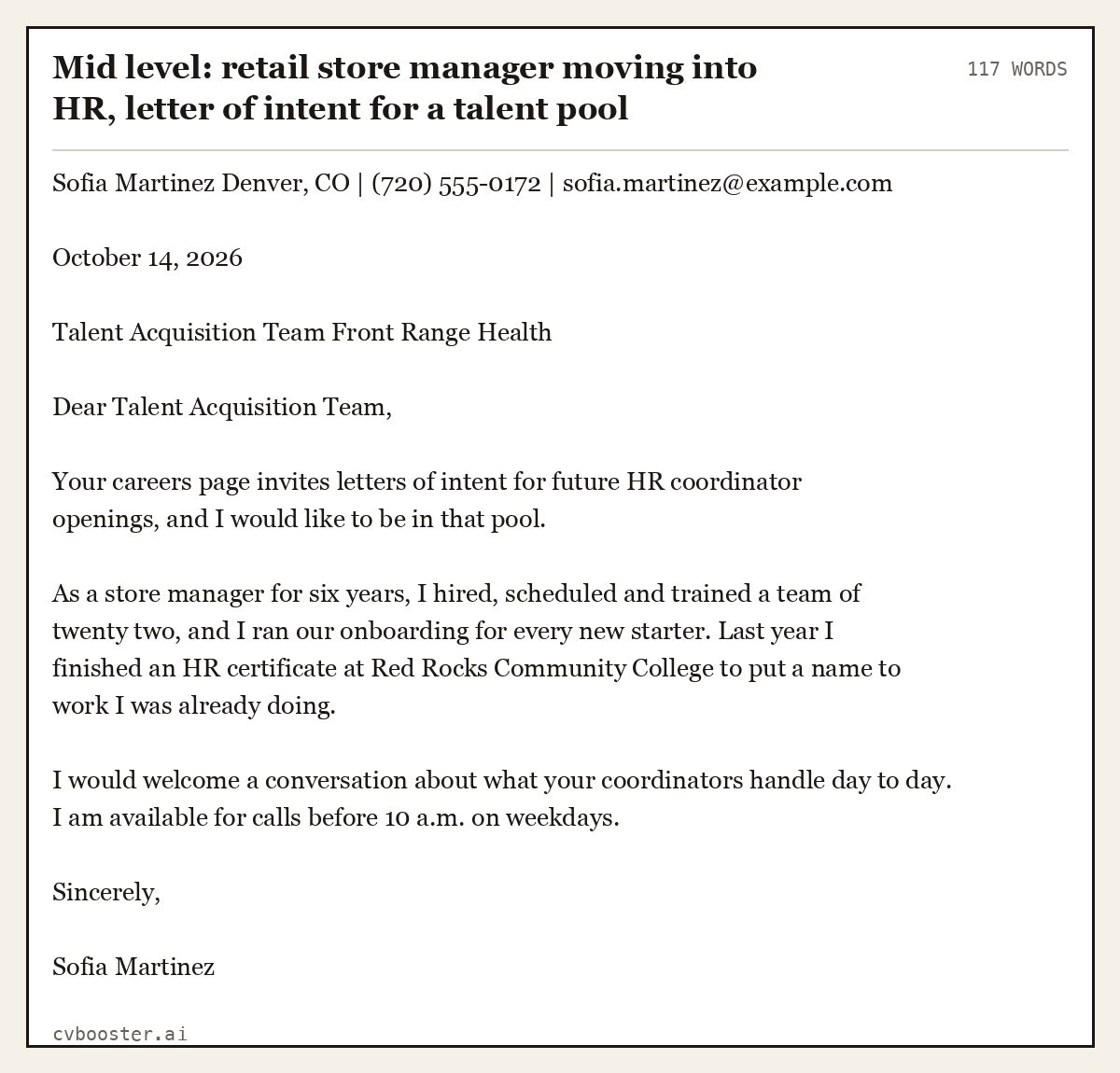 Complete Mid level: retail store manager moving into HR, letter of intent for a talent pool example, 117 words, laid out as it would sit in the application form