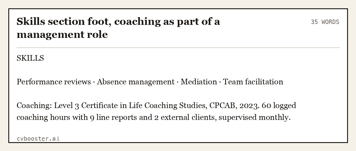Complete Skills section foot, coaching as part of a management role example, 35 words, laid out as it would sit in the application form