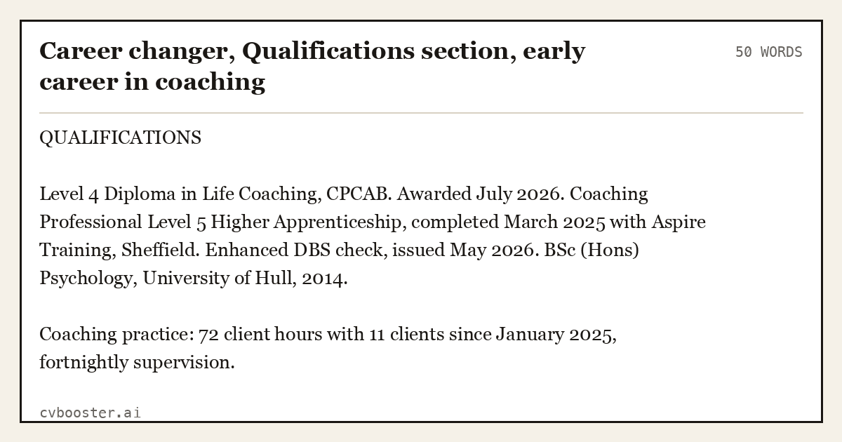 Complete Career changer, Qualifications section, early career in coaching example, 50 words, laid out as it would sit in the application form