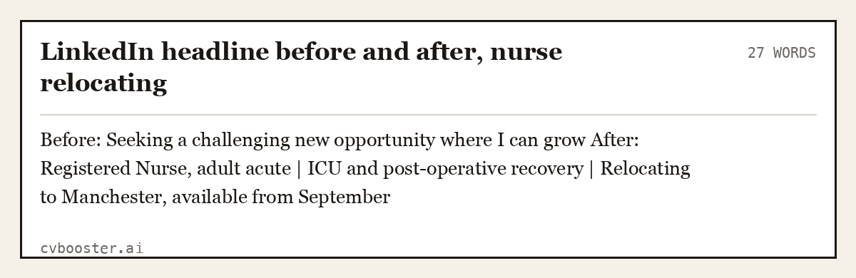 Complete LinkedIn headline before and after, nurse relocating example, 27 words, laid out as it would sit in the application form