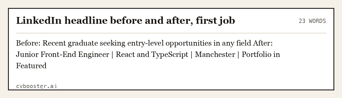 Complete LinkedIn headline before and after, first job example, 23 words, laid out as it would sit in the application form