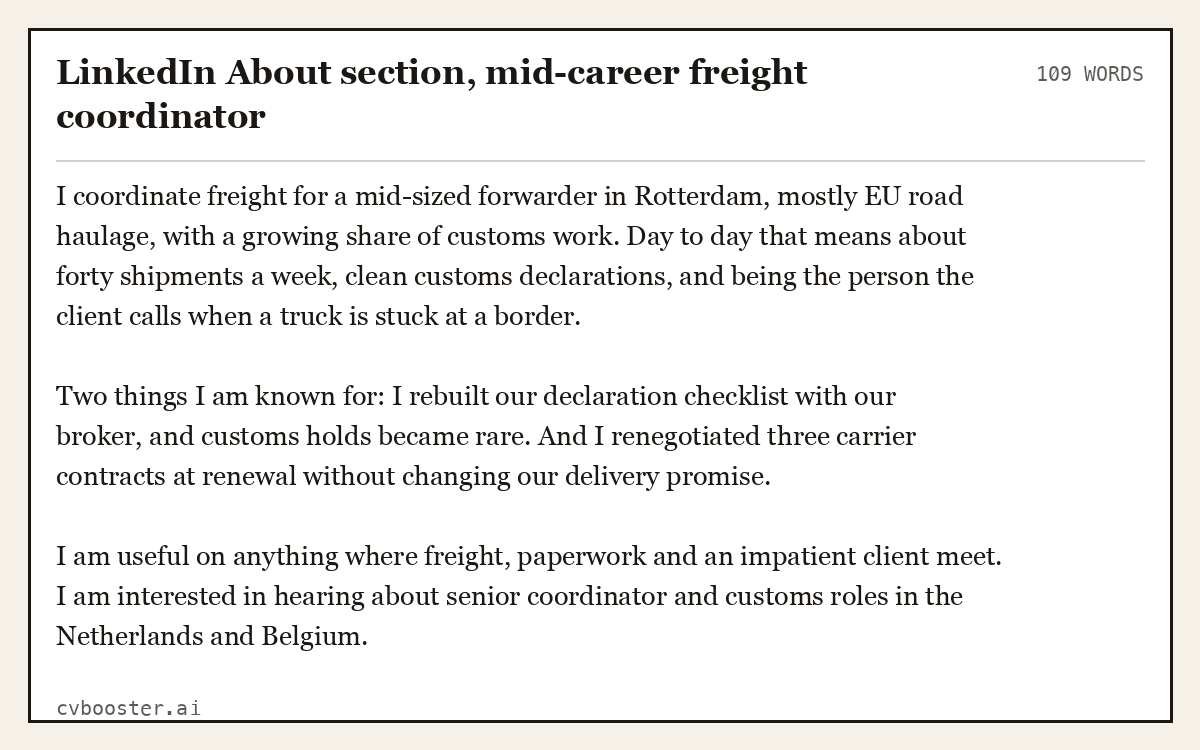Complete LinkedIn About section, mid-career freight coordinator example, 109 words, laid out as it would sit in the application form