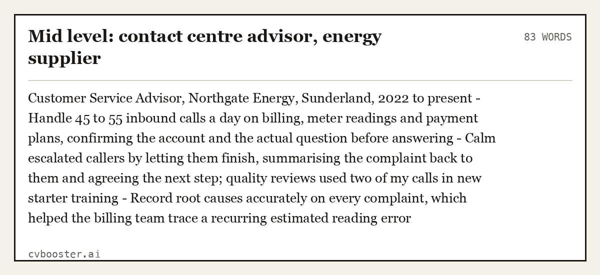 Complete Mid level: contact centre advisor, energy supplier example, 83 words, laid out as it would sit in the application form