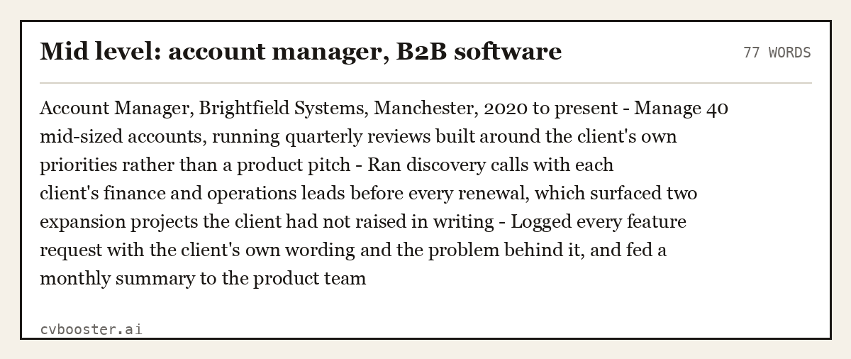 Complete Mid level: account manager, B2B software example, 77 words, laid out as it would sit in the application form