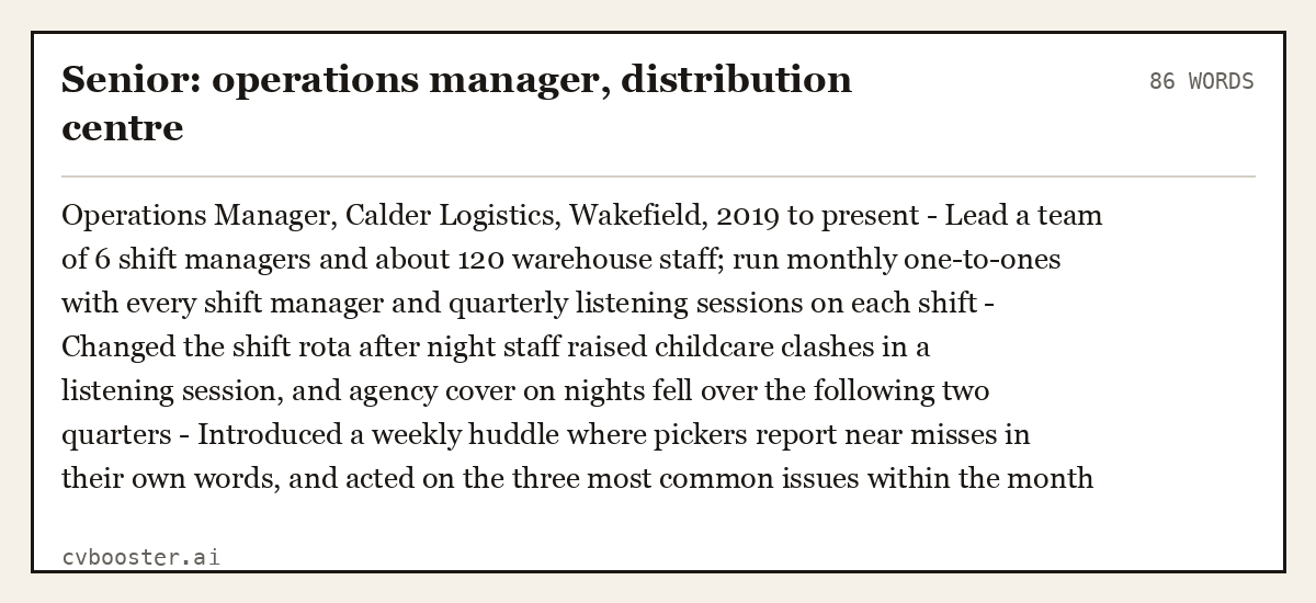 Complete Senior: operations manager, distribution centre example, 86 words, laid out as it would sit in the application form