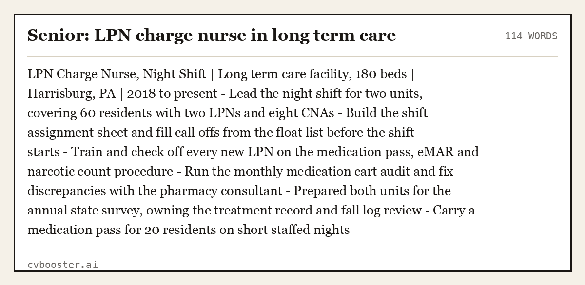 Complete Senior: LPN charge nurse in long term care example, 114 words, laid out as it would sit in the application form