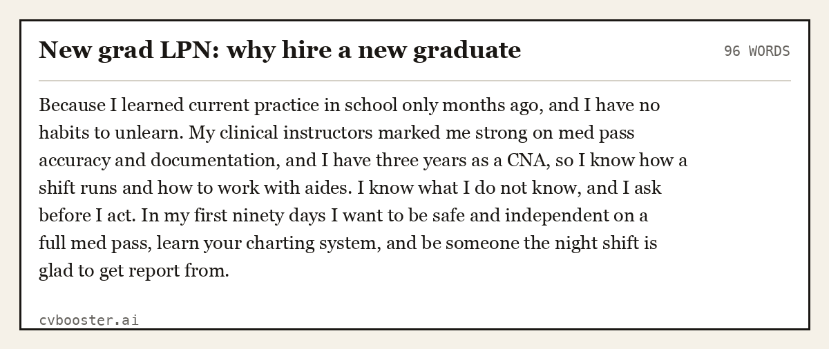 Complete New grad LPN: why hire a new graduate example, 96 words, laid out as it would sit in the application form