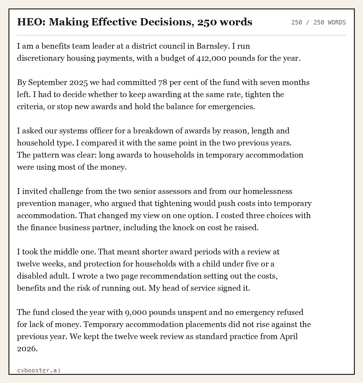 Complete HEO: Making Effective Decisions example, 250 words, laid out as it would sit in the application form