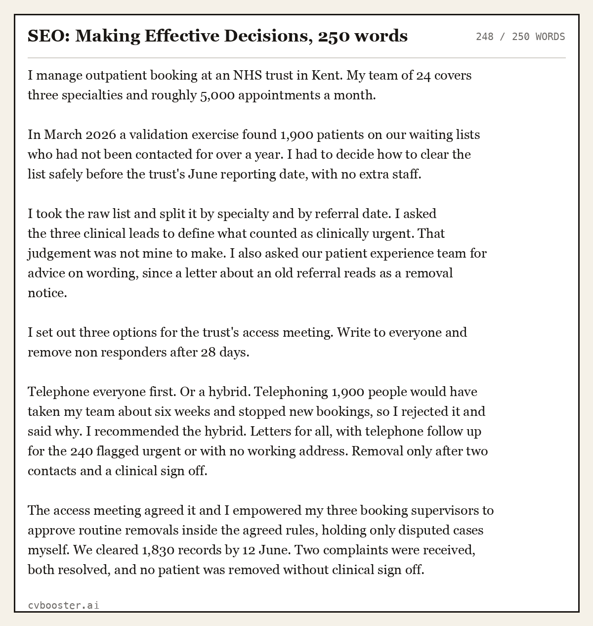 Complete SEO: Making Effective Decisions example, 248 words, laid out as it would sit in the application form