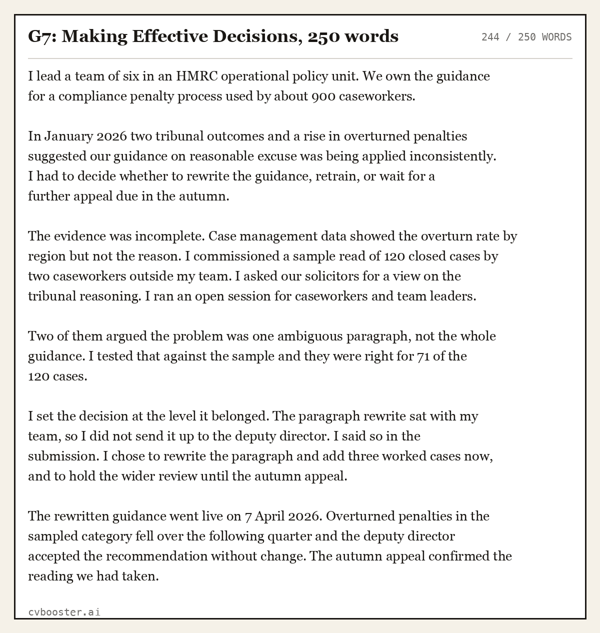 Complete G7: Making Effective Decisions example, 244 words, laid out as it would sit in the application form