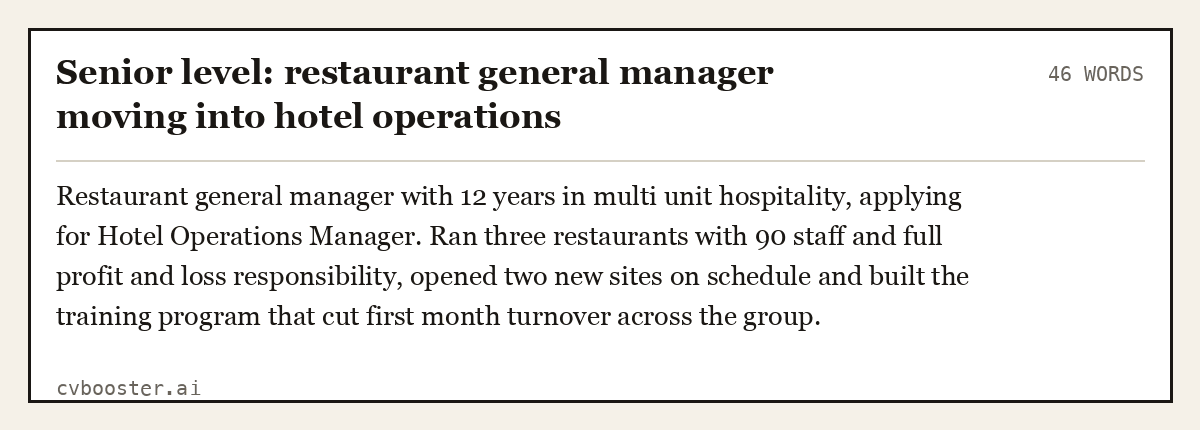 Complete Senior level: restaurant general manager moving into hotel operations example, 46 words, laid out as it would sit in the application form