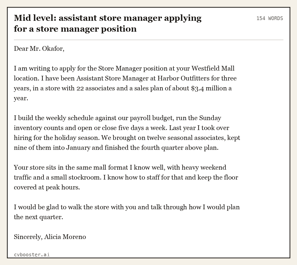 Complete Mid level: assistant store manager applying for a store manager position example, 154 words, laid out as it would sit in the application form
