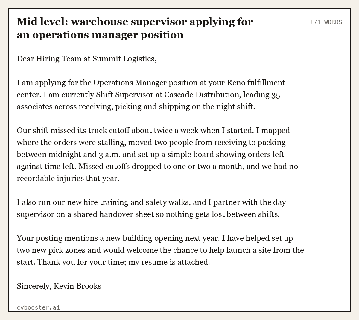 Complete Mid level: warehouse supervisor applying for an operations manager position example, 171 words, laid out as it would sit in the application form