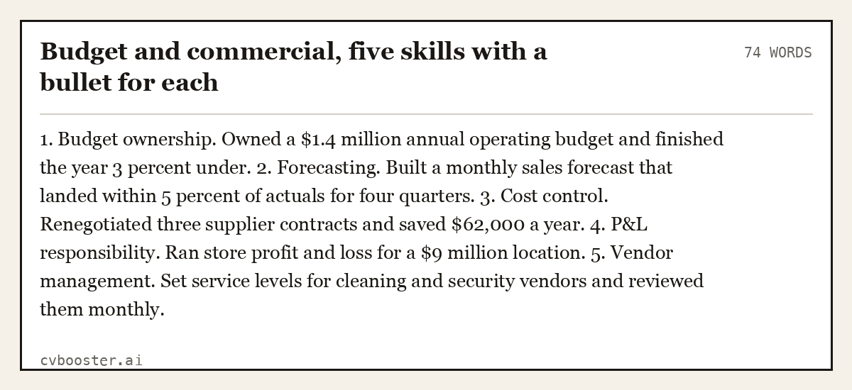 Complete Budget and commercial, five skills with a bullet for each example, 74 words, laid out as it would sit in the application form