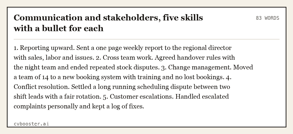 Complete Communication and stakeholders, five skills with a bullet for each example, 83 words, laid out as it would sit in the application form