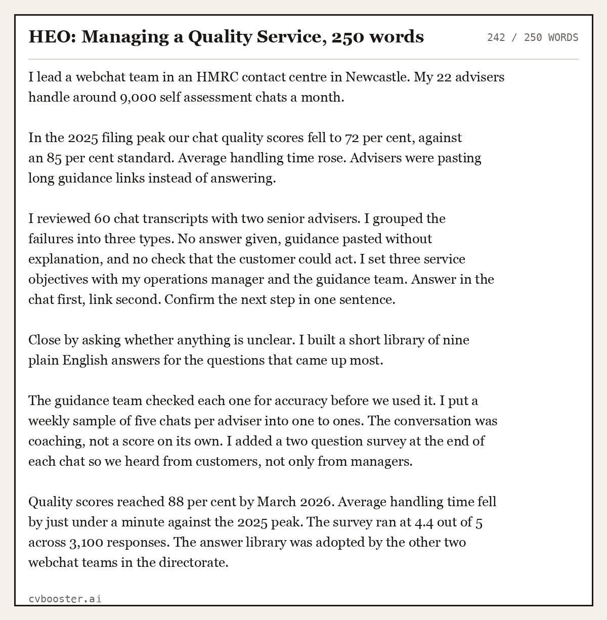 Complete HEO: Managing a Quality Service example, 242 words, laid out as it would sit in the application form