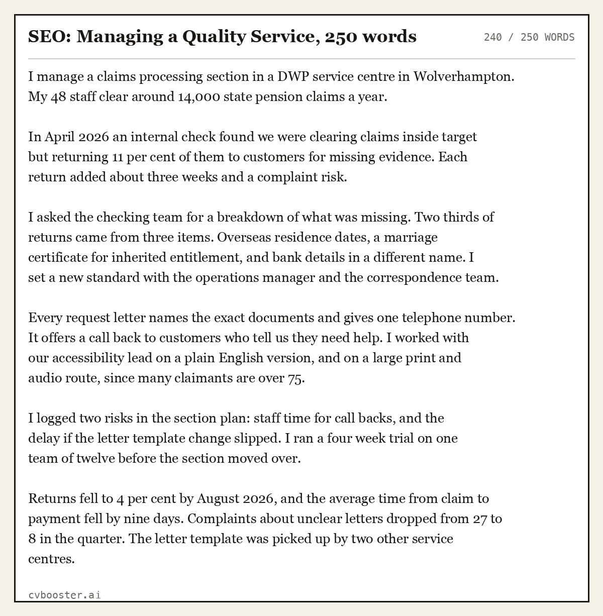 Complete SEO: Managing a Quality Service example, 240 words, laid out as it would sit in the application form