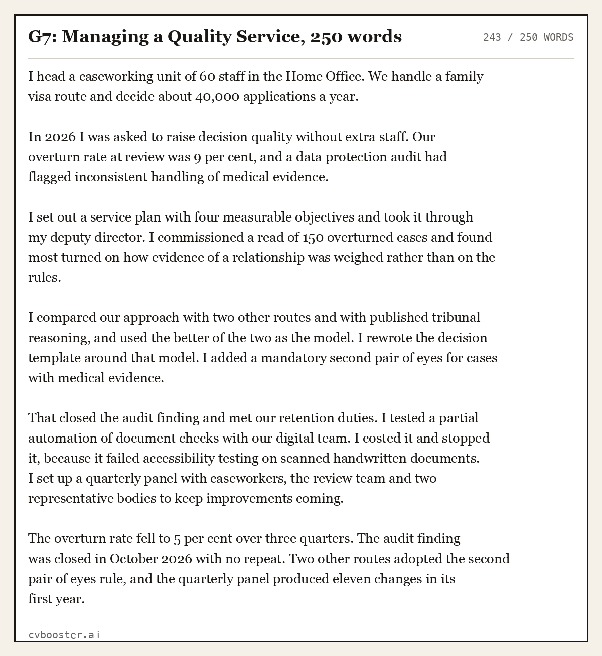 Complete G7: Managing a Quality Service example, 243 words, laid out as it would sit in the application form