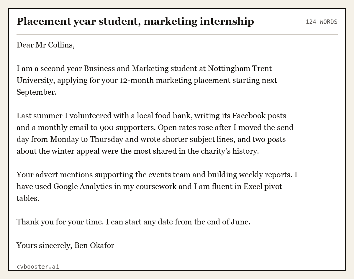 Complete Placement year student, marketing internship example, 124 words, laid out as it would sit in the application form