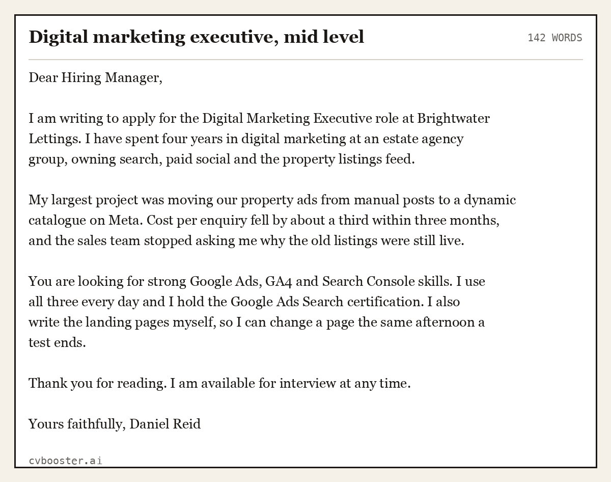 Complete Digital marketing executive, mid level example, 142 words, laid out as it would sit in the application form