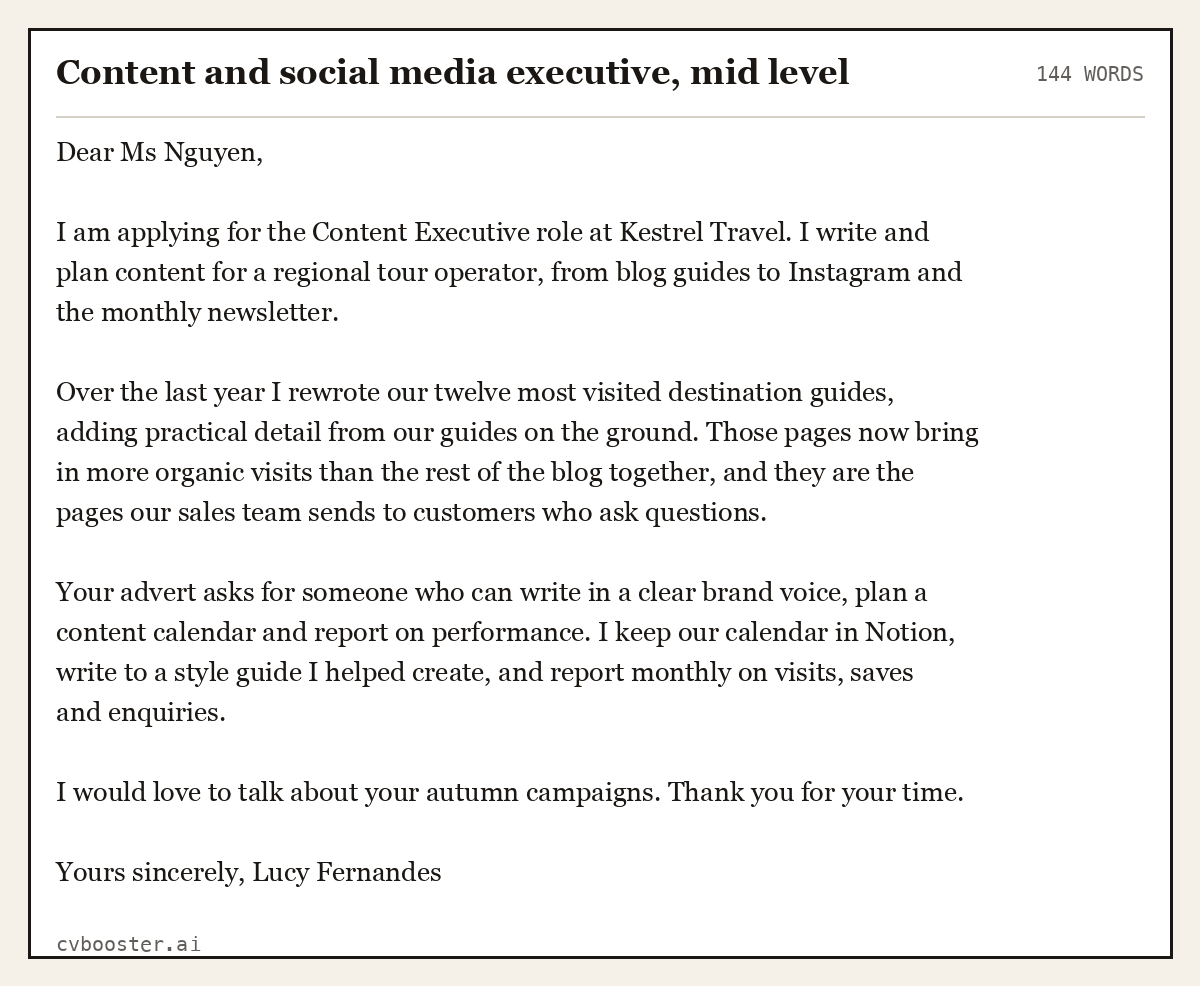 Complete Content and social media executive, mid level example, 144 words, laid out as it would sit in the application form