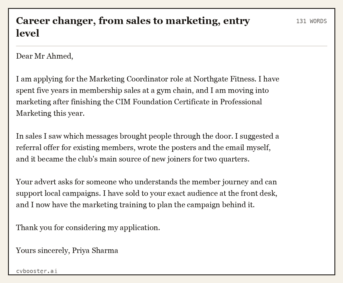 Complete Career changer, from sales to marketing, entry level example, 131 words, laid out as it would sit in the application form