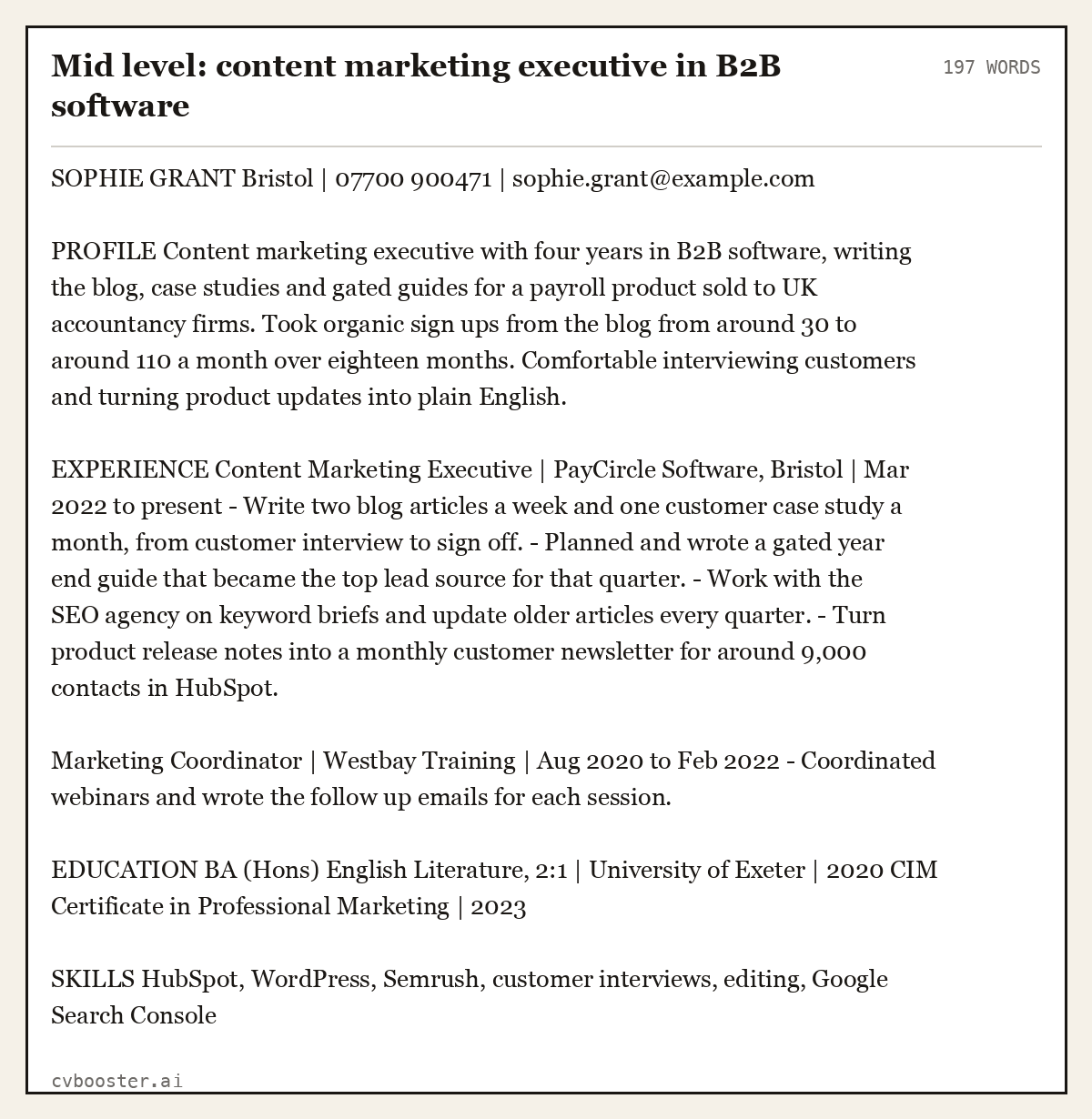 Complete Mid level: content marketing executive in B2B software example, 197 words, laid out as it would sit in the application form