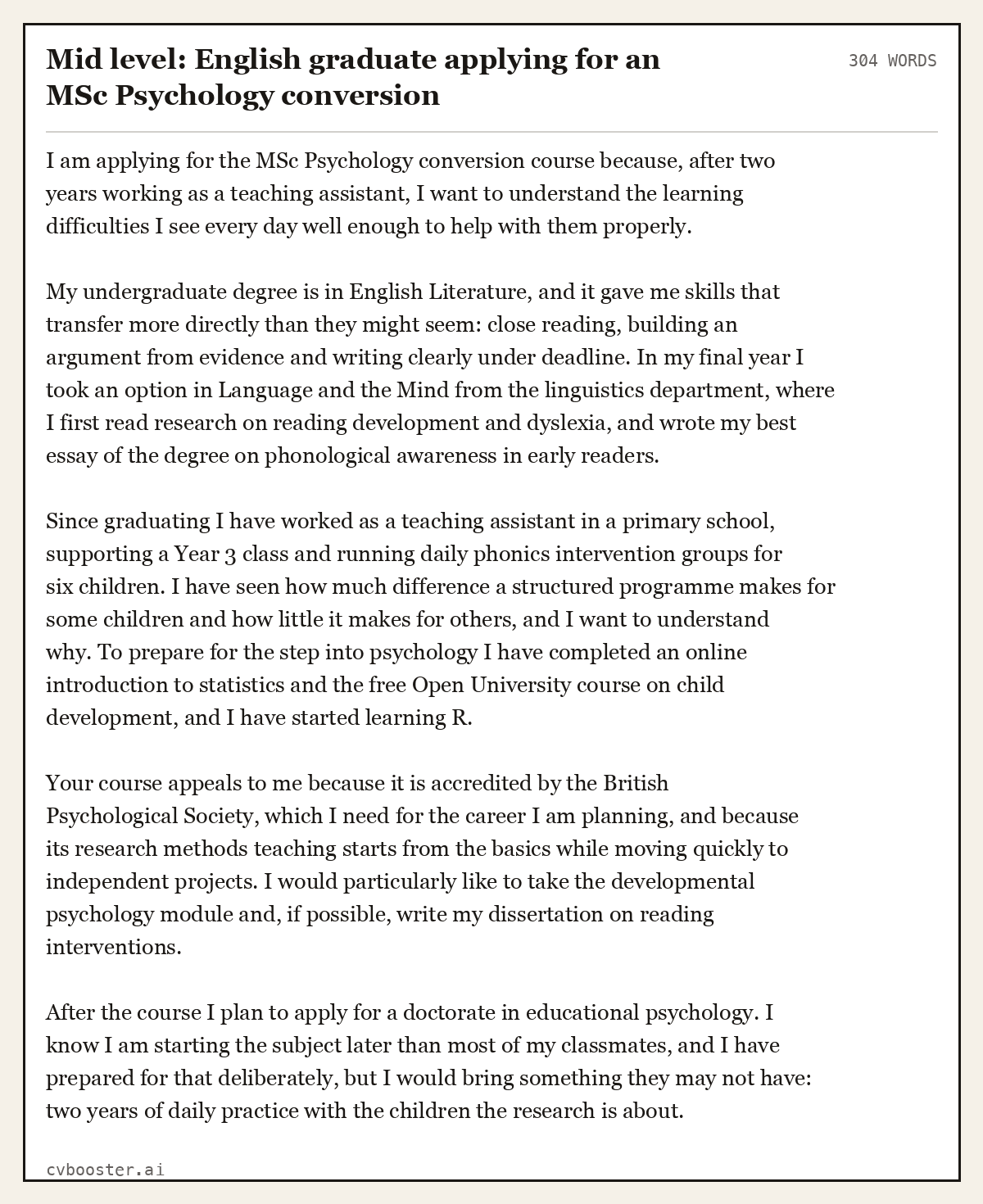 Complete Mid level: English graduate applying for an MSc Psychology conversion example, 304 words, laid out as it would sit in the application form