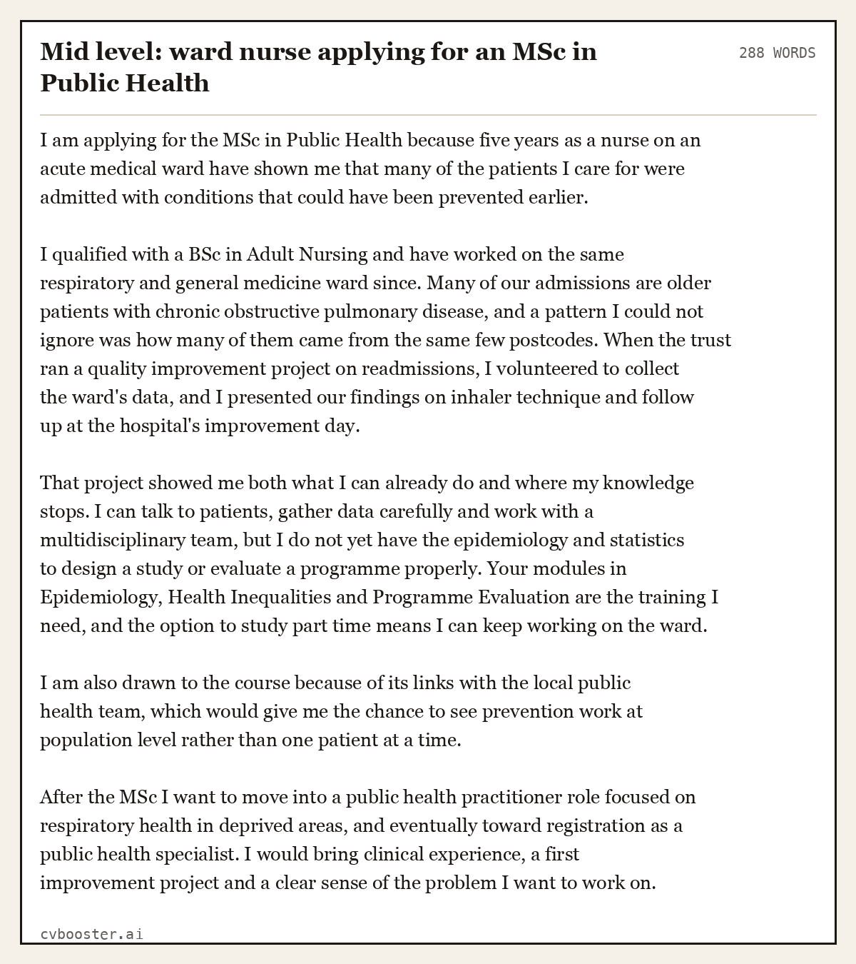Complete Mid level: ward nurse applying for an MSc in Public Health example, 288 words, laid out as it would sit in the application form