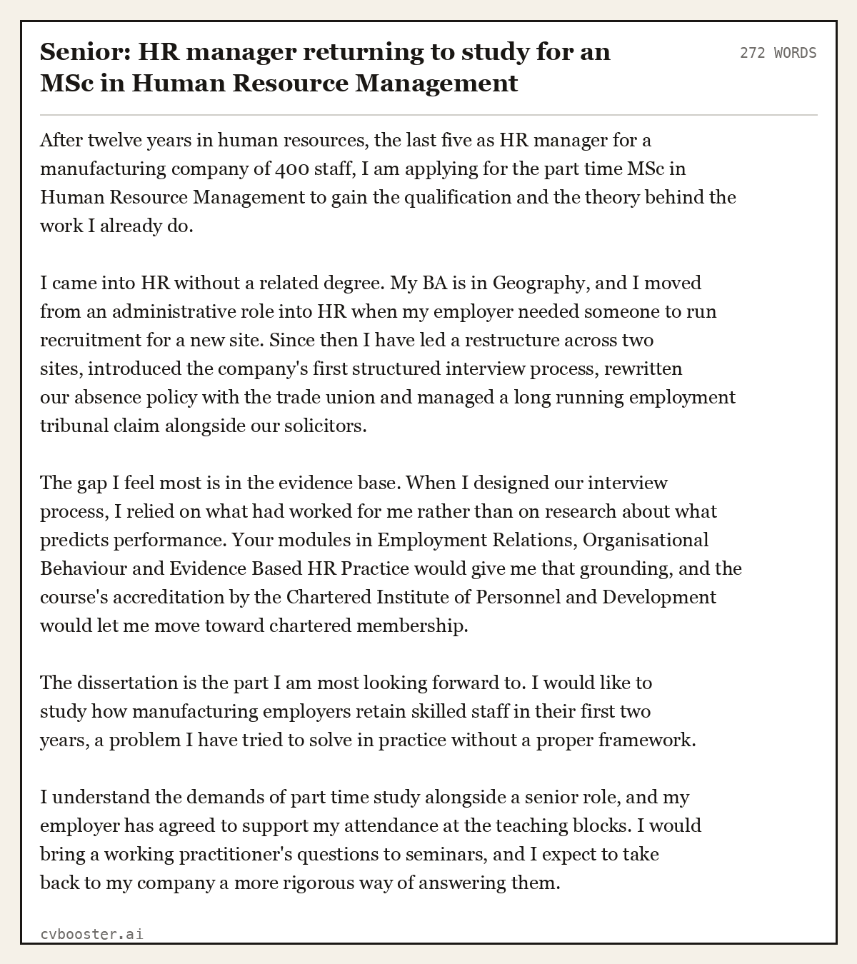Complete Senior: HR manager returning to study for an MSc in Human Resource Management example, 272 words, laid out as it would sit in the application form