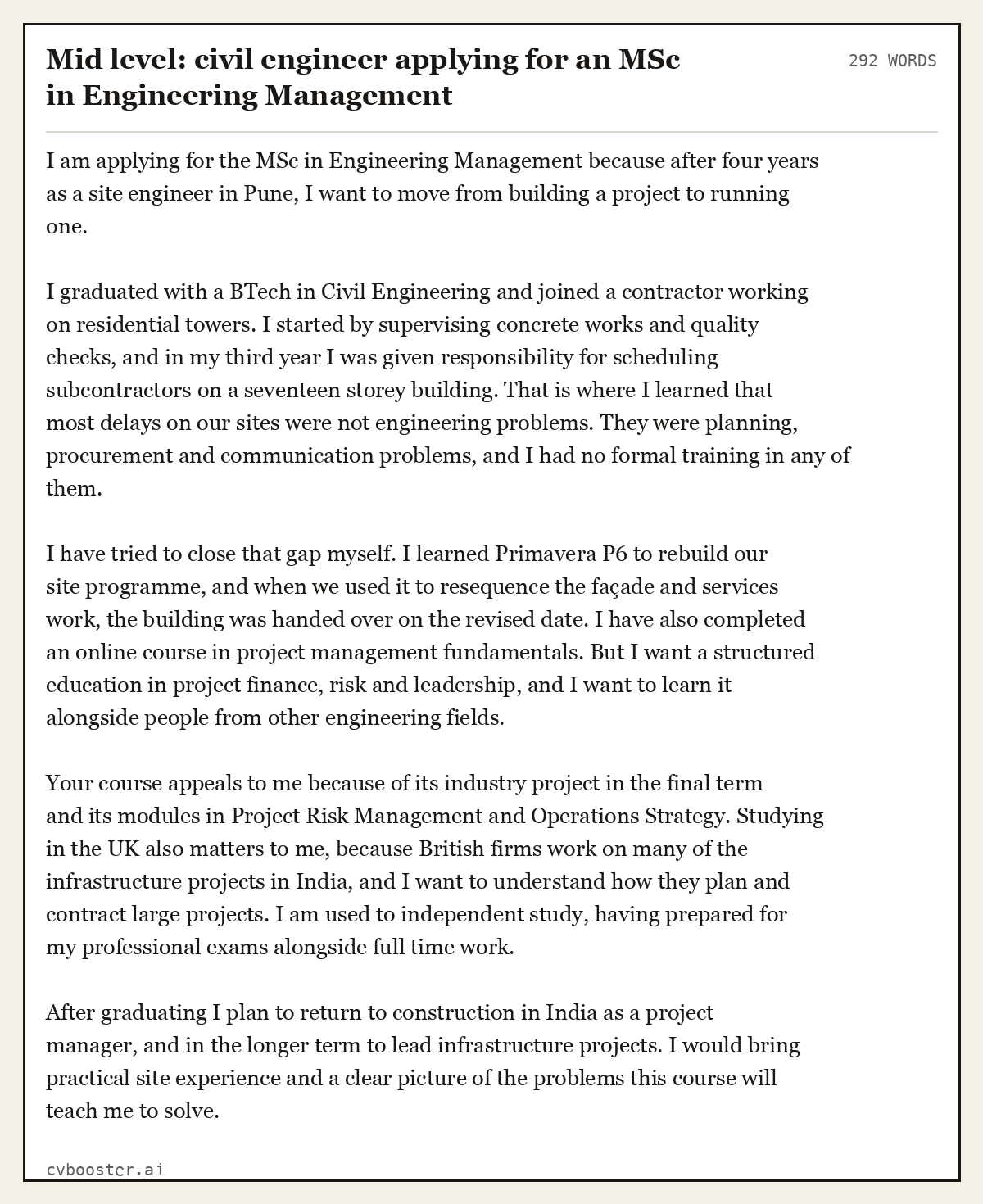 Complete Mid level: civil engineer applying for an MSc in Engineering Management example, 292 words, laid out as it would sit in the application form